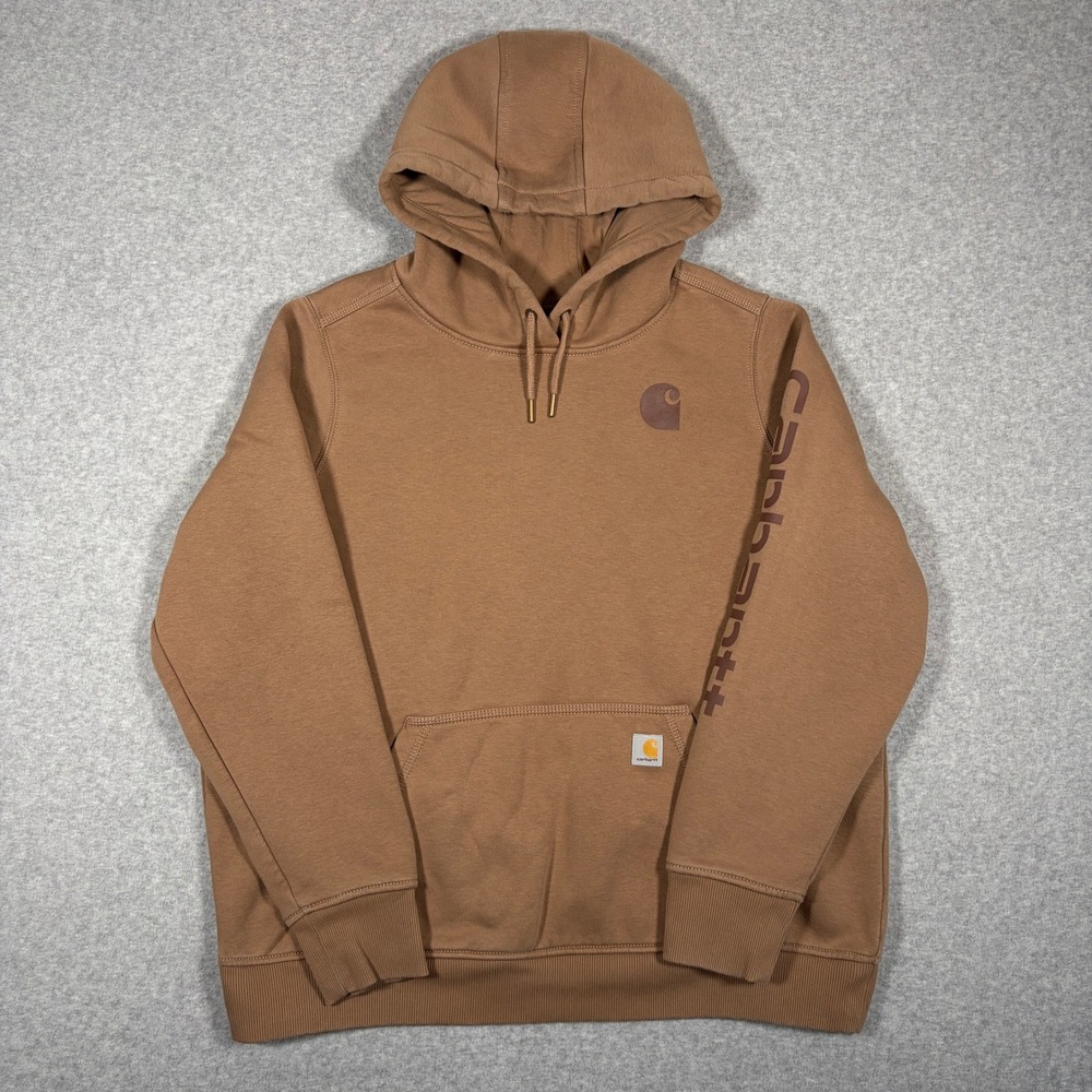 Carhartt Clarksburg Spellout Hoodie Sweatshirt Womens XL Brown Sleeve Graphic